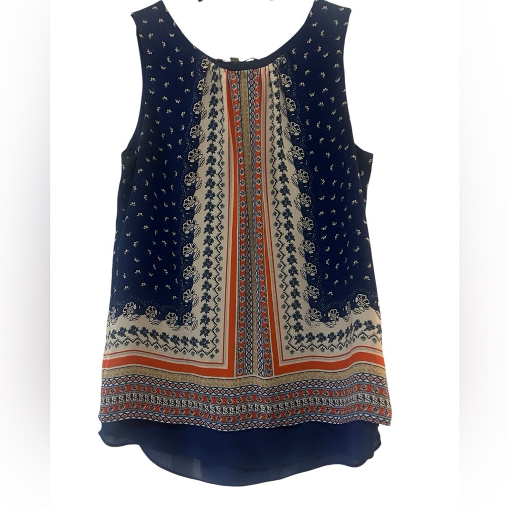 Rose + Olive Size S Flowy Blue Orange & White Sleeveless Top Layered Split Back